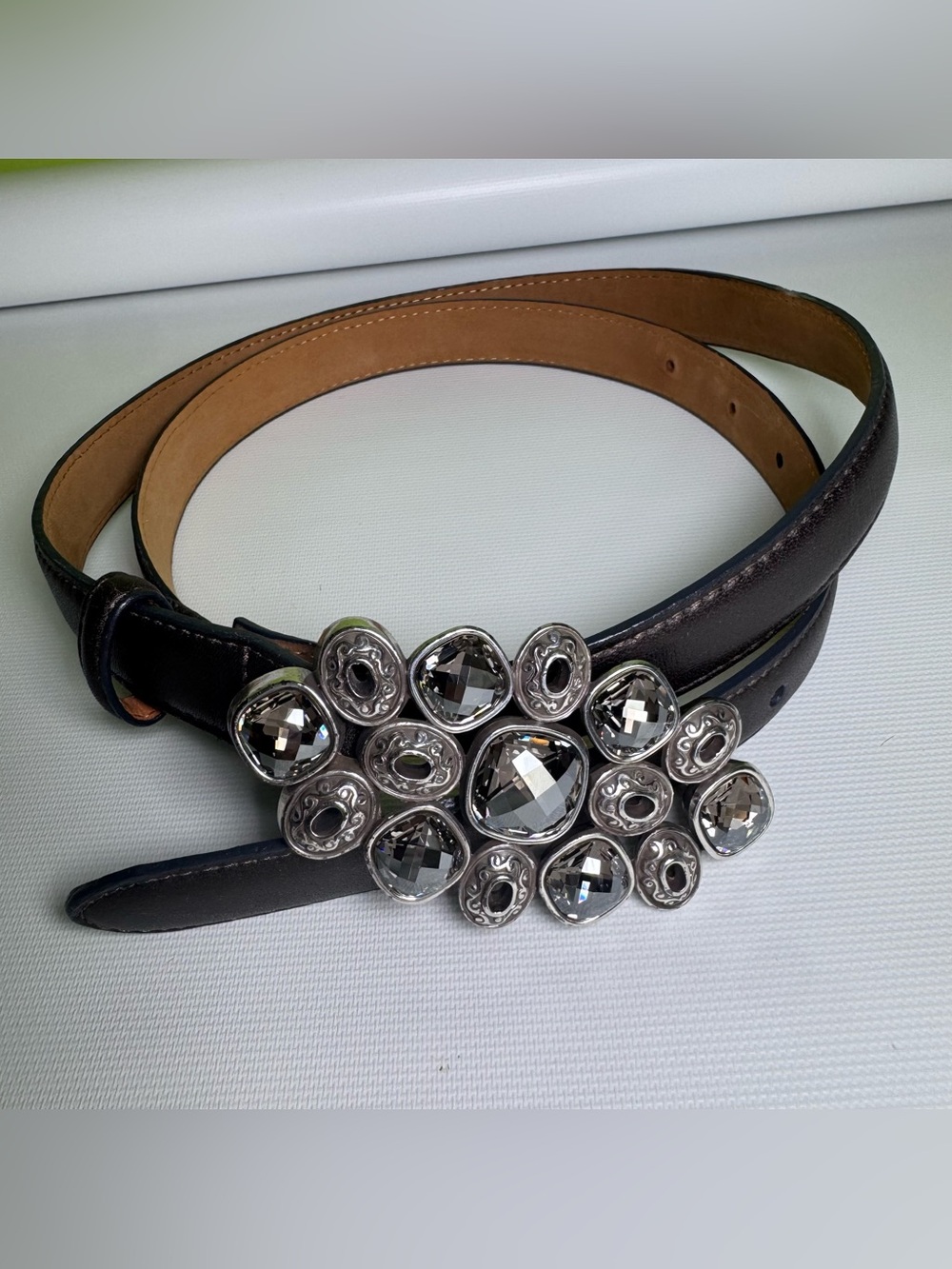 Brighton B3136P Brown Leather Belt Crystal Rhinestone Silver Statement Buckle Si